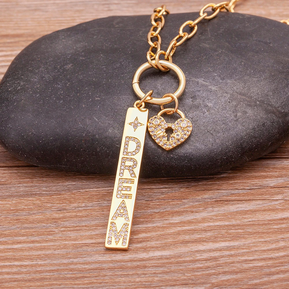 New Arrival Fashion Design Key And Heart Lock Dream Letters Zircon Lobster Clasp Chain Pendant Party Wedding Necklace Jewelry
