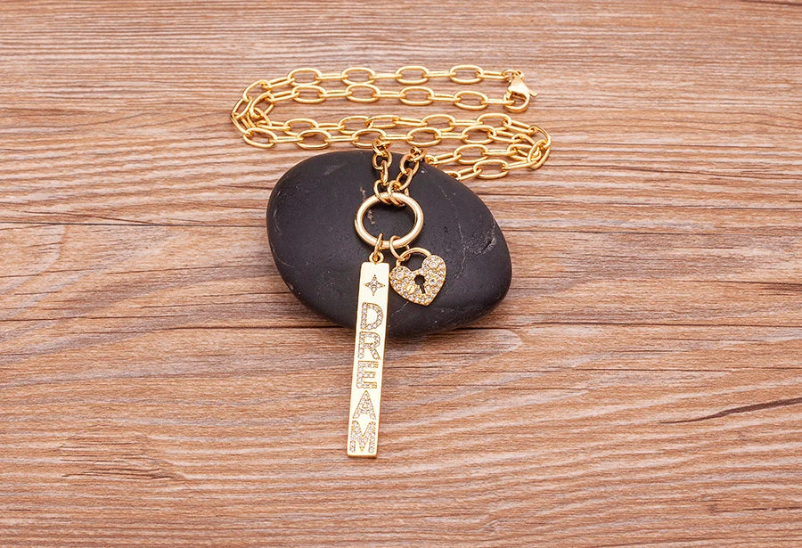 New Arrival Fashion Design Key And Heart Lock Dream Letters Zircon Lobster Clasp Chain Pendant Party Wedding Necklace Jewelry