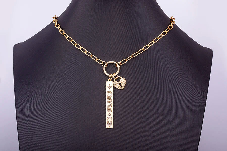 New Arrival Fashion Design Key And Heart Lock Dream Letters Zircon Lobster Clasp Chain Pendant Party Wedding Necklace Jewelry