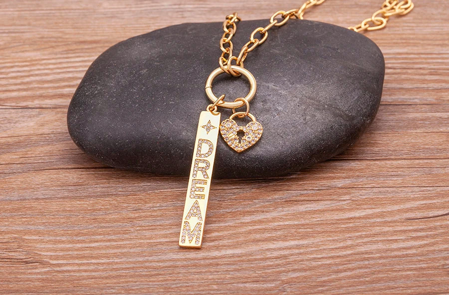 New Arrival Fashion Design Key And Heart Lock Dream Letters Zircon Lobster Clasp Chain Pendant Party Wedding Necklace Jewelry