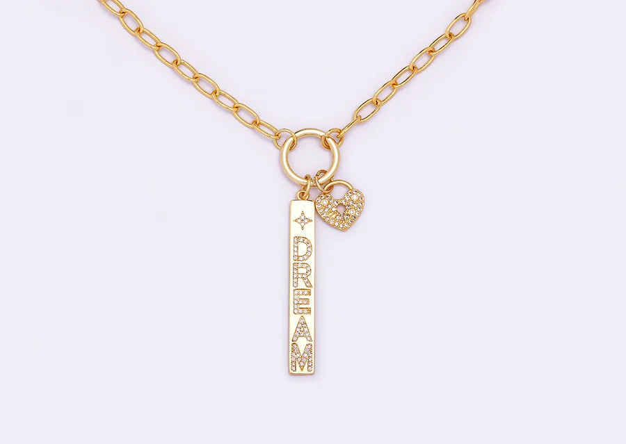 New Arrival Fashion Design Key And Heart Lock Dream Letters Zircon Lobster Clasp Chain Pendant Party Wedding Necklace Jewelry