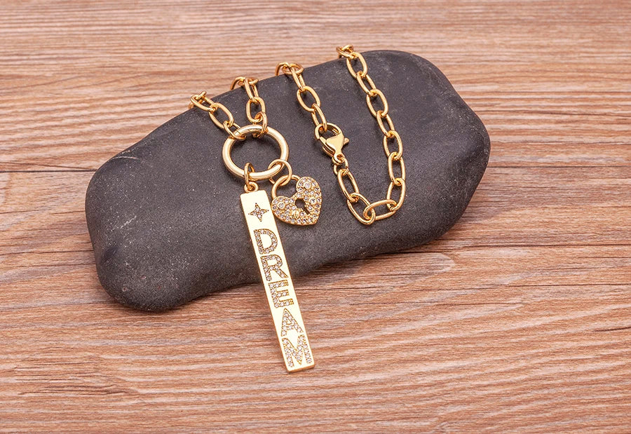 New Arrival Fashion Design Key And Heart Lock Dream Letters Zircon Lobster Clasp Chain Pendant Party Wedding Necklace Jewelry