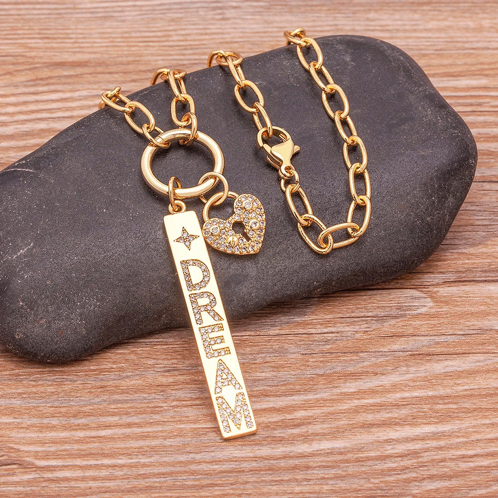New Arrival Fashion Design Key And Heart Lock Dream Letters Zircon Lobster Clasp Chain Pendant Party Wedding Necklace Jewelry