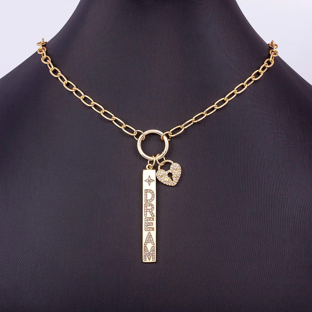 New Arrival Fashion Design Key And Heart Lock Dream Letters Zircon Lobster Clasp Chain Pendant Party Wedding Necklace Jewelry