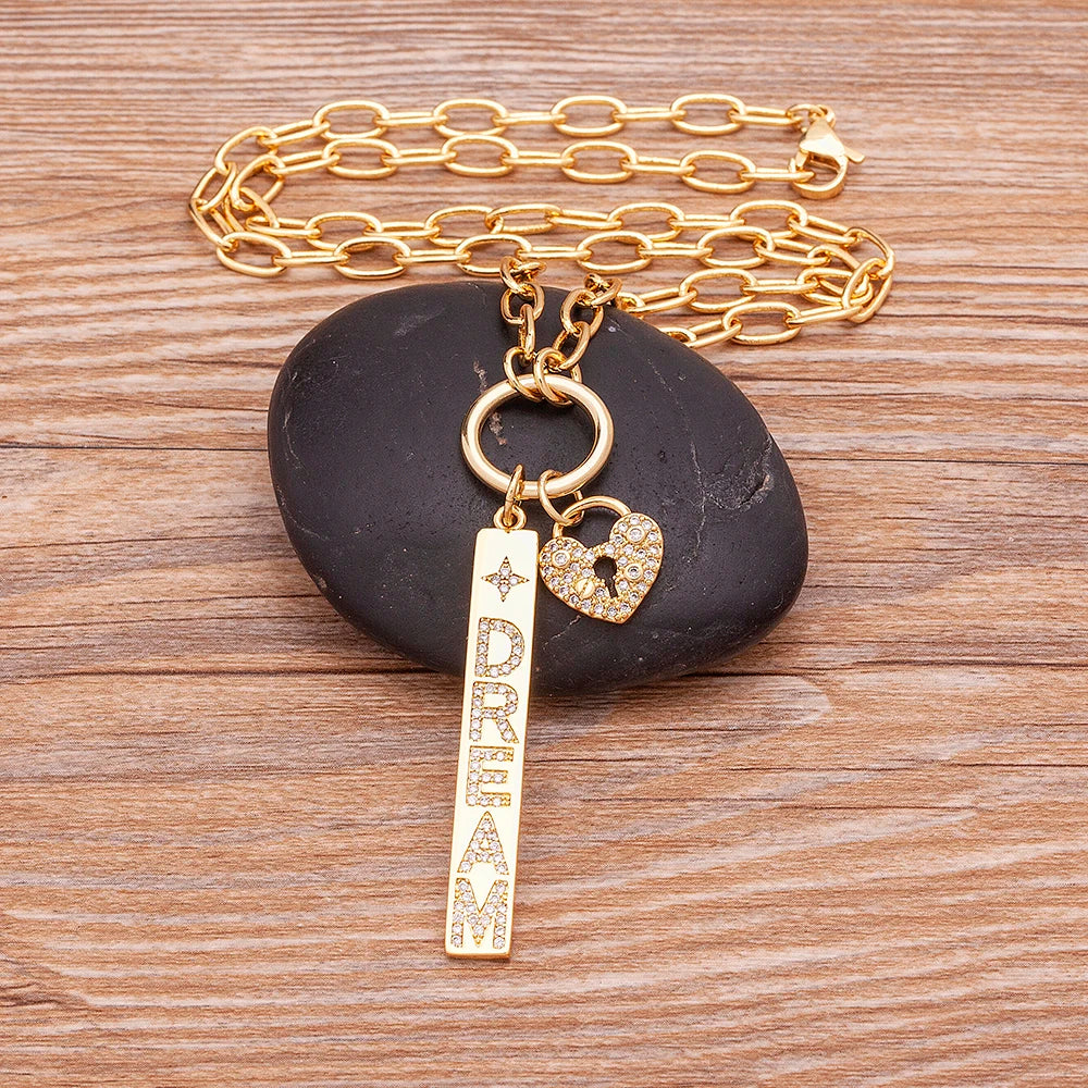New Arrival Fashion Design Key And Heart Lock Dream Letters Zircon Lobster Clasp Chain Pendant Party Wedding Necklace Jewelry