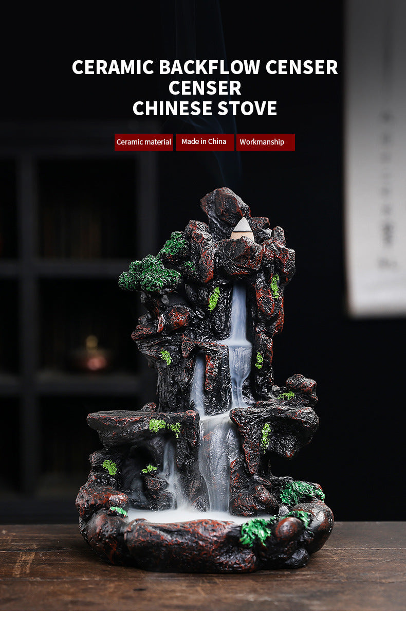 Resin Landscape Mountain Waterfall Backflow Incense Burner Incense Holder Censer Home Ornament
