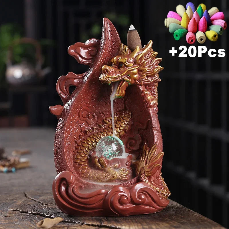 LED Dragon Backflow Incense Holder Waterfall Incense Burner Smoke Incense Censer +20Backflow Incense Cones Aromatherapy Ornament