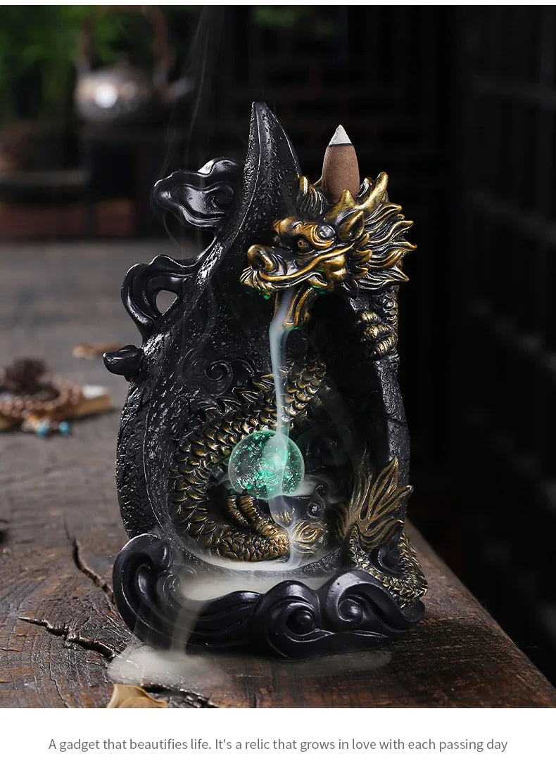 LED Dragon Backflow Incense Holder Waterfall Incense Burner Smoke Incense Censer +20Backflow Incense Cones Aromatherapy Ornament