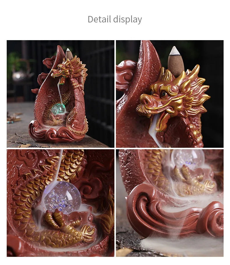 LED Dragon Backflow Incense Holder Waterfall Incense Burner Smoke Incense Censer +20Backflow Incense Cones Aromatherapy Ornament