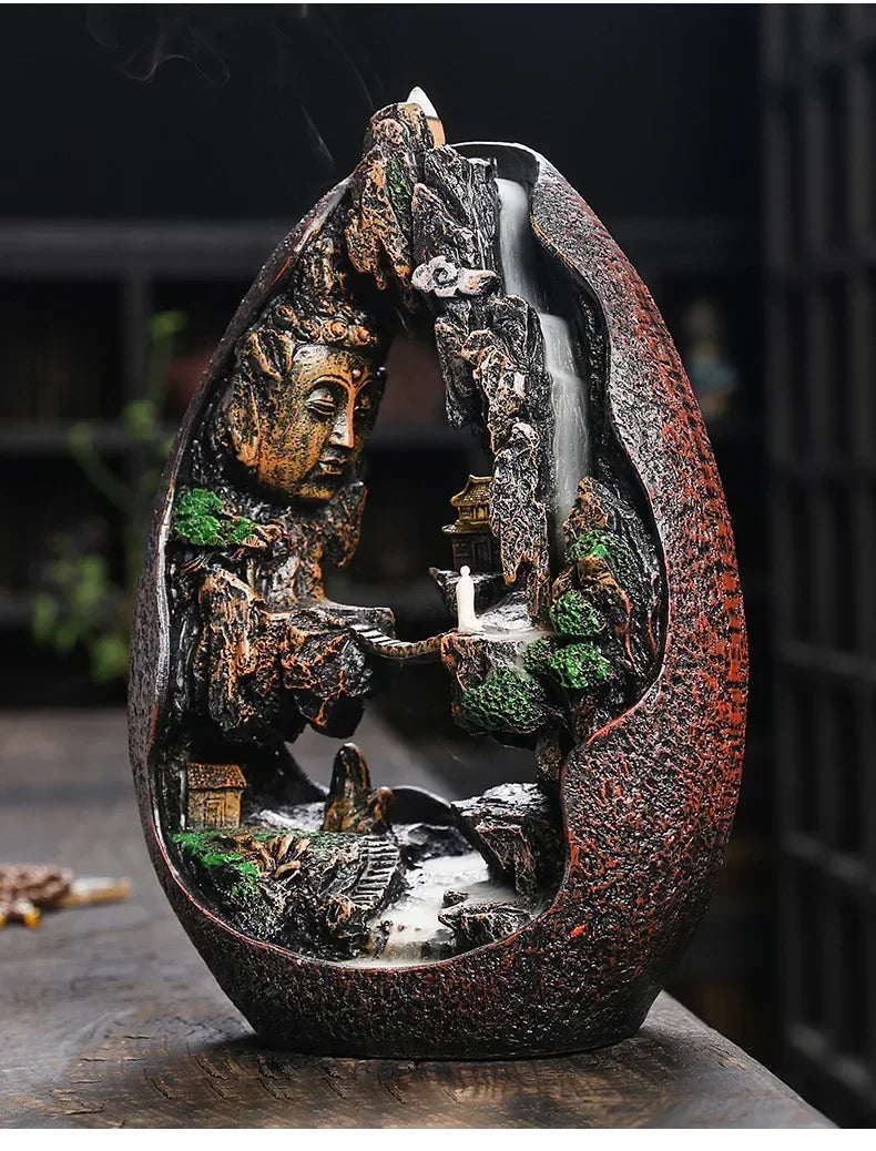 1pc, Zen Buddha Resin Ornament Landscape Waterfall Backflow Incense Burner Home Decor Censer Tea Pet (Without Incense)