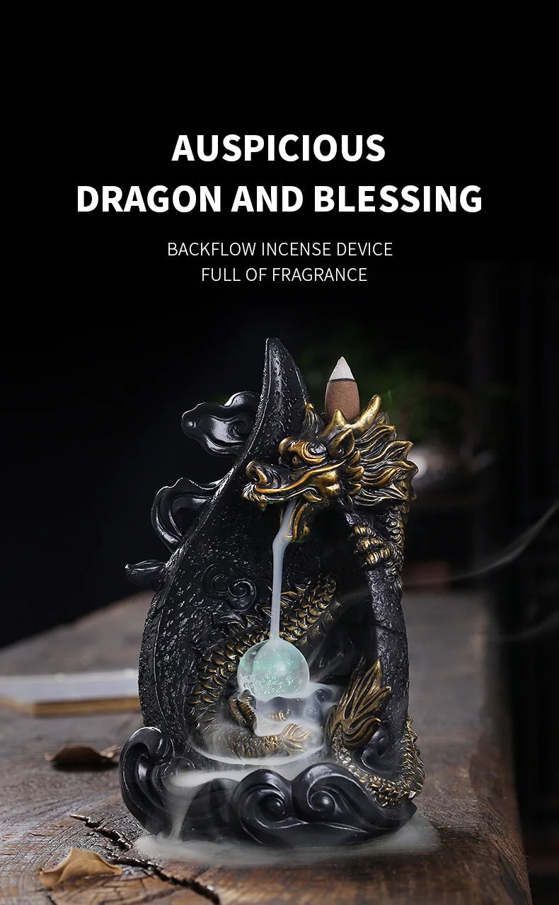 LED Dragon Backflow Incense Holder Waterfall Incense Burner Smoke Incense Censer +20Backflow Incense Cones Aromatherapy Ornament