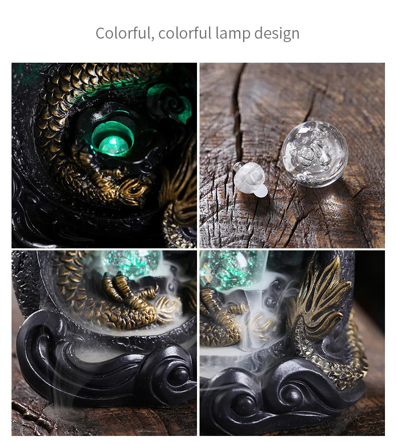LED Dragon Backflow Incense Holder Waterfall Incense Burner Smoke Incense Censer +20Backflow Incense Cones Aromatherapy Ornament