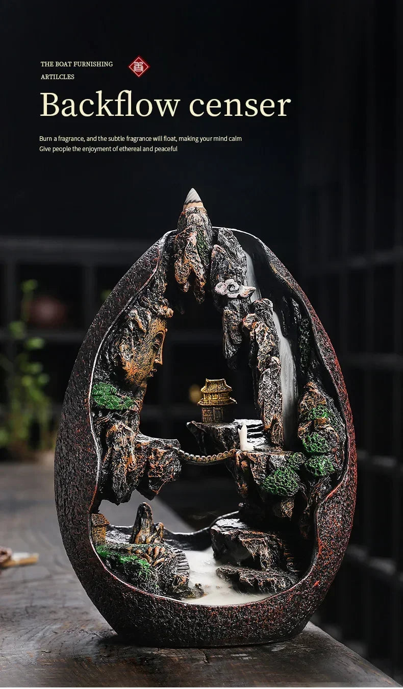 1pc, Zen Buddha Resin Ornament Landscape Waterfall Backflow Incense Burner Home Decor Censer Tea Pet (Without Incense)