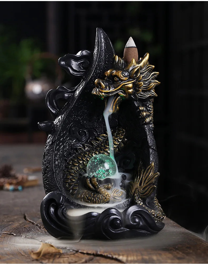 LED Dragon Backflow Incense Holder Waterfall Incense Burner Smoke Incense Censer +20Backflow Incense Cones Aromatherapy Ornament