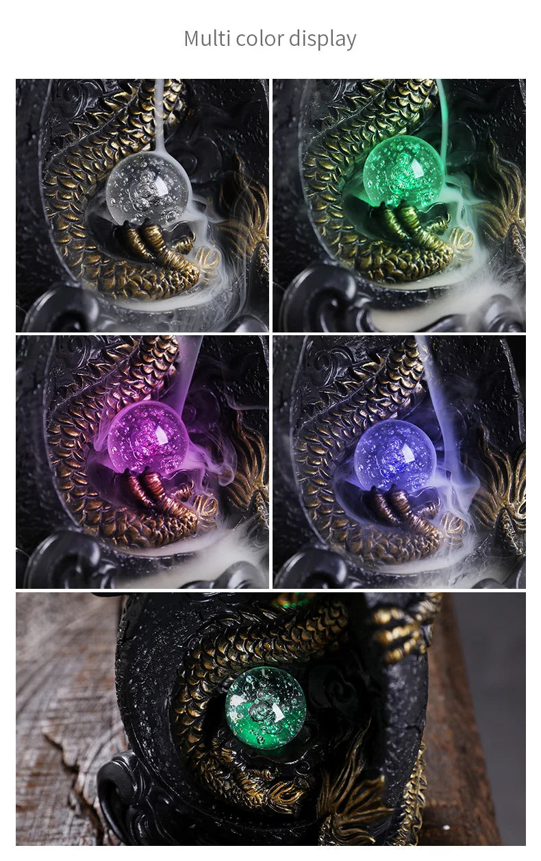 LED Dragon Backflow Incense Holder Waterfall Incense Burner Smoke Incense Censer +20Backflow Incense Cones Aromatherapy Ornament