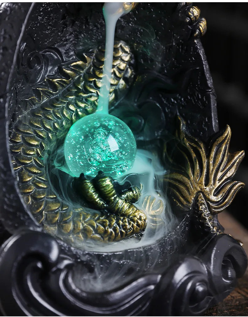 LED Dragon Backflow Incense Holder Waterfall Incense Burner Smoke Incense Censer +20Backflow Incense Cones Aromatherapy Ornament