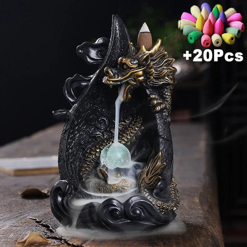 LED Dragon Backflow Incense Holder Waterfall Incense Burner Smoke Incense Censer +20Backflow Incense Cones Aromatherapy Ornament