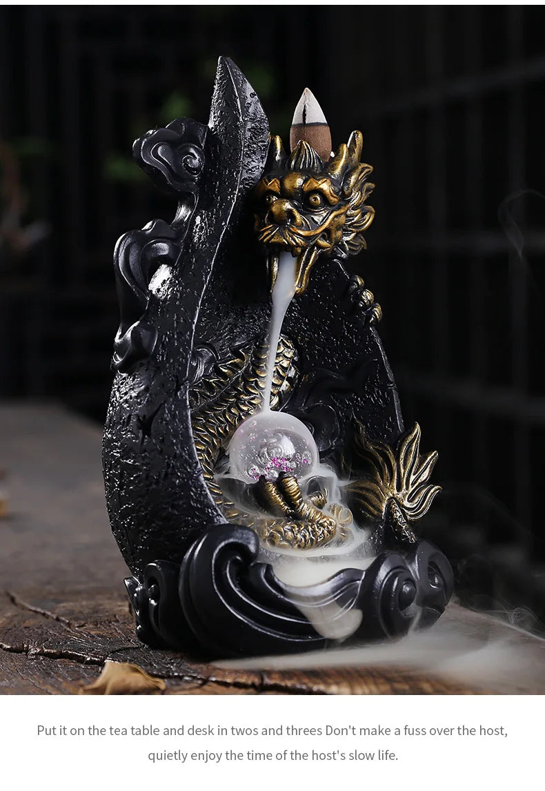 LED Dragon Backflow Incense Holder Waterfall Incense Burner Smoke Incense Censer +20Backflow Incense Cones Aromatherapy Ornament