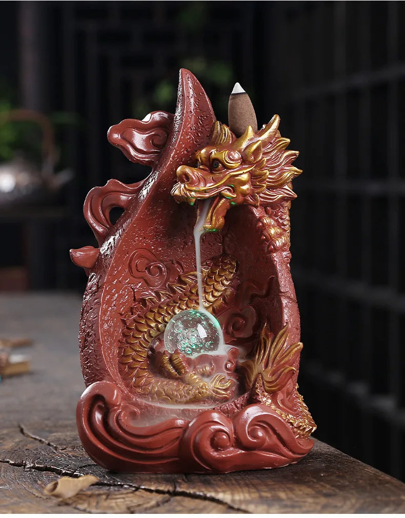 LED Dragon Backflow Incense Holder Waterfall Incense Burner Smoke Incense Censer +20Backflow Incense Cones Aromatherapy Ornament