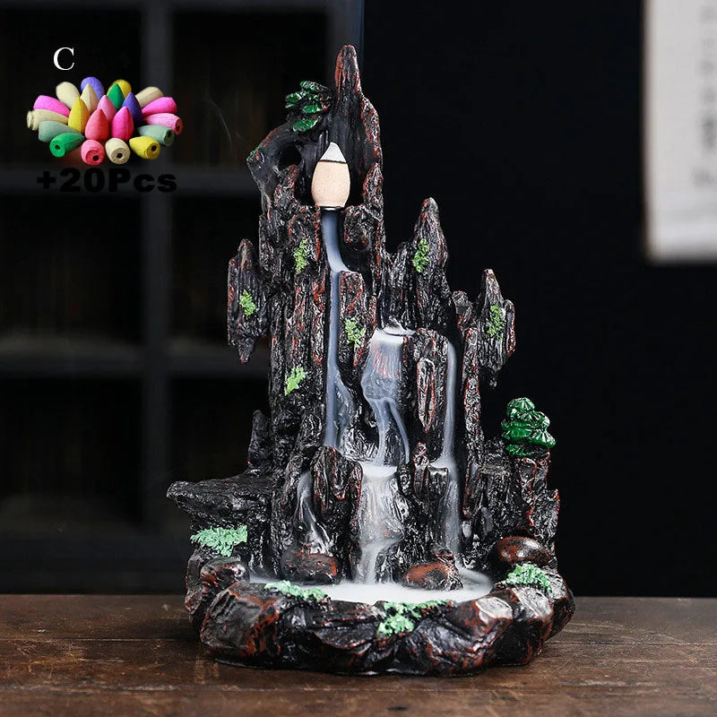 Resin Landscape Mountain Waterfall Backflow Incense Burner Incense Holder Censer Home Ornament