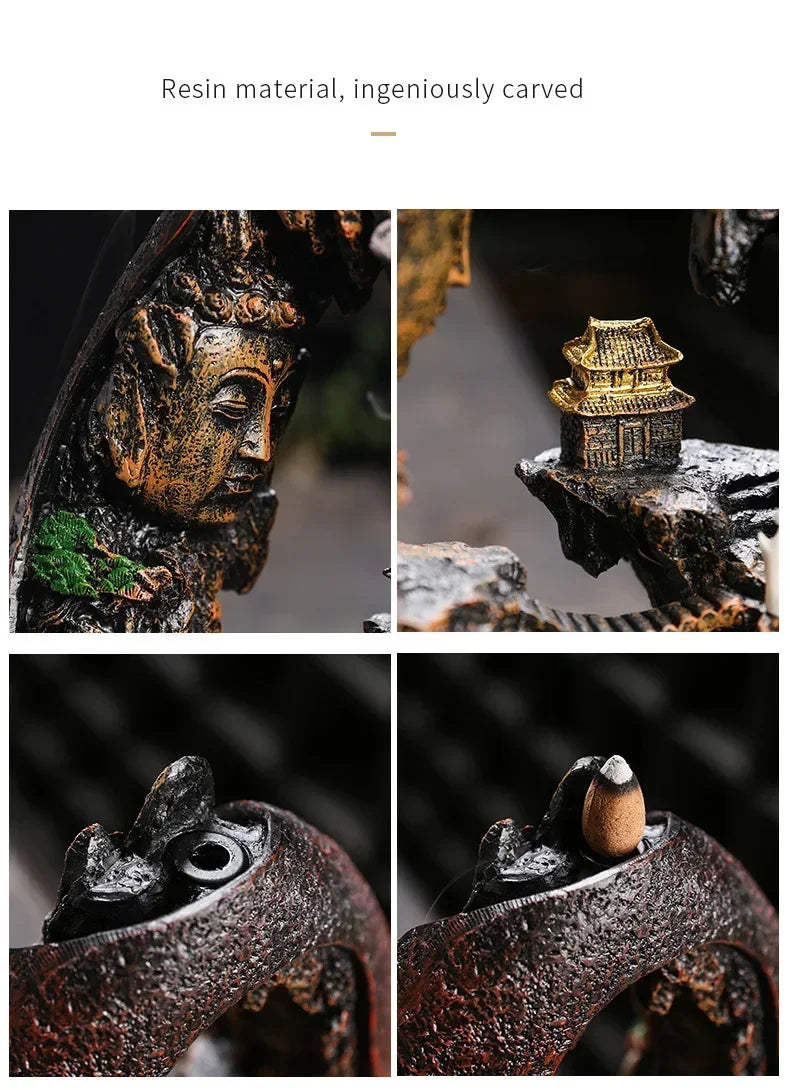 1pc, Zen Buddha Resin Ornament Landscape Waterfall Backflow Incense Burner Home Decor Censer Tea Pet (Without Incense)
