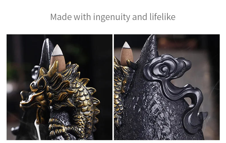 LED Dragon Backflow Incense Holder Waterfall Incense Burner Smoke Incense Censer +20Backflow Incense Cones Aromatherapy Ornament