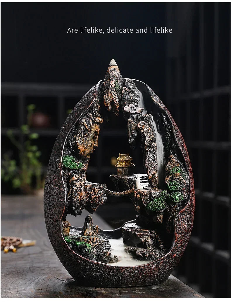 1pc, Zen Buddha Resin Ornament Landscape Waterfall Backflow Incense Burner Home Decor Censer Tea Pet (Without Incense)