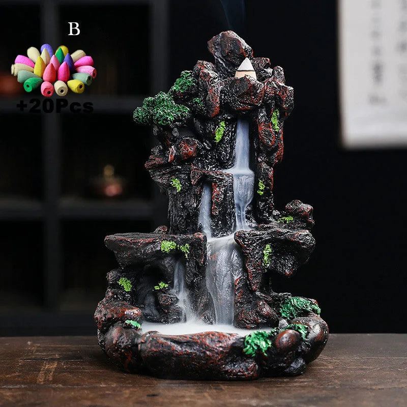 Resin Landscape Mountain Waterfall Backflow Incense Burner Incense Holder Censer Home Ornament