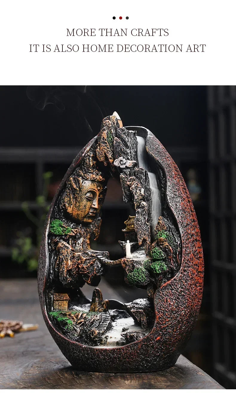 1pc, Zen Buddha Resin Ornament Landscape Waterfall Backflow Incense Burner Home Decor Censer Tea Pet (Without Incense)