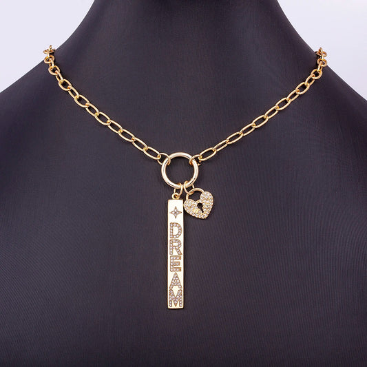 New Arrival Fashion Design Key And Heart Lock Dream Letters Zircon Lobster Clasp Chain Pendant Party Wedding Necklace Jewelry
