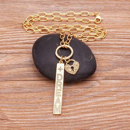 New Arrival Fashion Design Key And Heart Lock Dream Letters Zircon Lobster Clasp Chain Pendant Party Wedding Necklace Jewelry