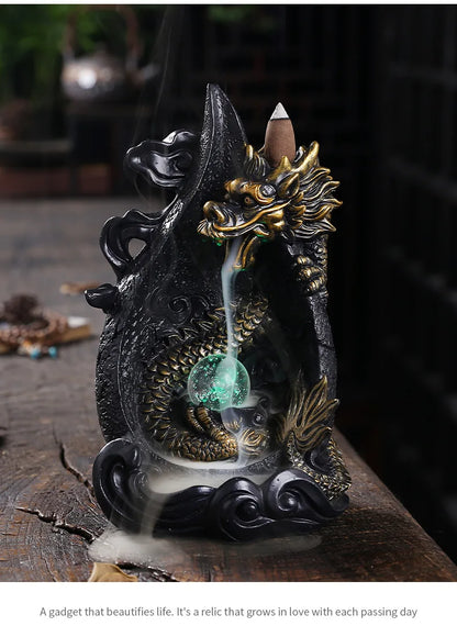 LED Dragon Backflow Incense Holder Waterfall Incense Burner Smoke Incense Censer +20Backflow Incense Cones Aromatherapy Ornament