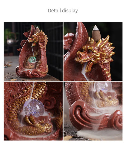 LED Dragon Backflow Incense Holder Waterfall Incense Burner Smoke Incense Censer +20Backflow Incense Cones Aromatherapy Ornament