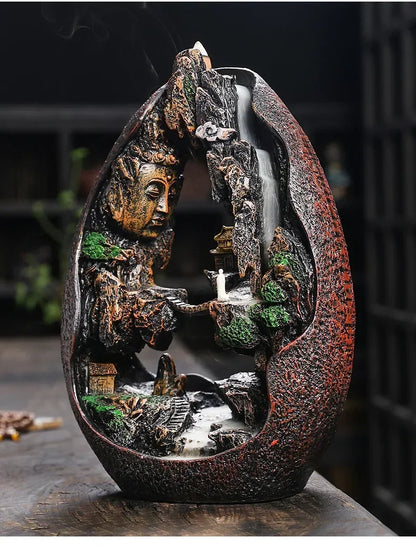 1pc, Zen Buddha Resin Ornament Landscape Waterfall Backflow Incense Burner Home Decor Censer Tea Pet (Without Incense)