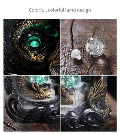 LED Dragon Backflow Incense Holder Waterfall Incense Burner Smoke Incense Censer +20Backflow Incense Cones Aromatherapy Ornament