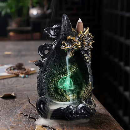 LED Dragon Backflow Incense Holder Waterfall Incense Burner Smoke Incense Censer +20Backflow Incense Cones Aromatherapy Ornament