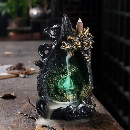 LED Dragon Backflow Incense Holder Waterfall Incense Burner Smoke Incense Censer +20Backflow Incense Cones Aromatherapy Ornament