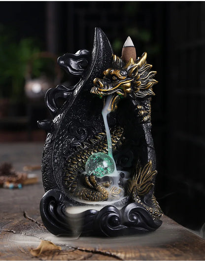 LED Dragon Backflow Incense Holder Waterfall Incense Burner Smoke Incense Censer +20Backflow Incense Cones Aromatherapy Ornament