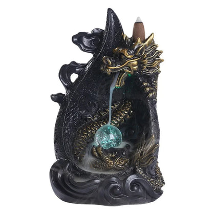 LED Dragon Backflow Incense Holder Waterfall Incense Burner Smoke Incense Censer +20Backflow Incense Cones Aromatherapy Ornament