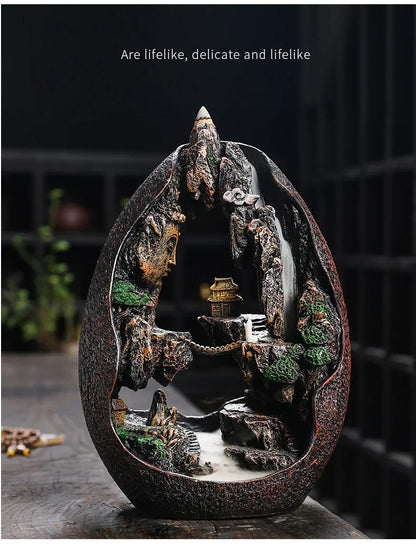1pc, Zen Buddha Resin Ornament Landscape Waterfall Backflow Incense Burner Home Decor Censer Tea Pet (Without Incense)